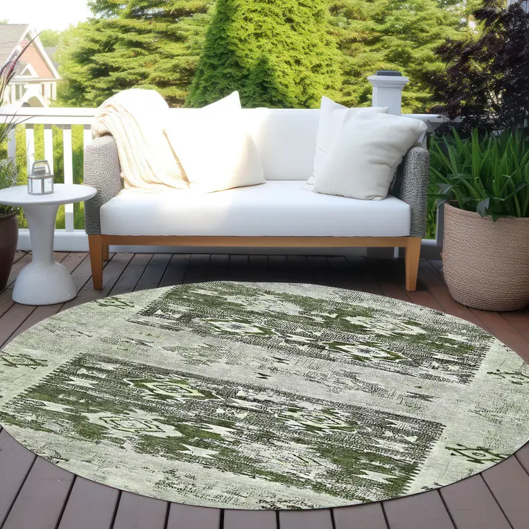 8' Olive Green And Ivory Round Aztec Washable Indoor Outdoor Area Rug
