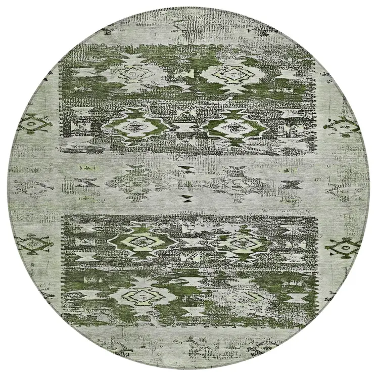 8' Olive Green And Ivory Round Aztec Washable Indoor Outdoor Area Rug