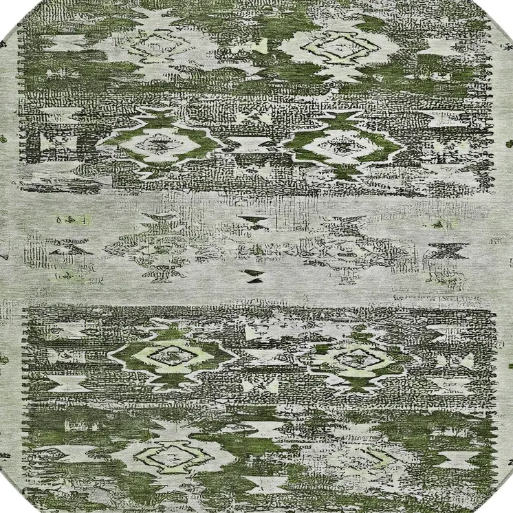 8' Olive Green And Ivory Round Aztec Washable Indoor Outdoor Area Rug