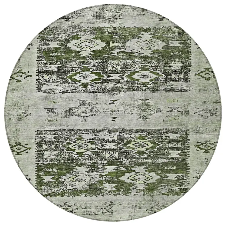 8' Olive Green And Ivory Round Aztec Washable Indoor Outdoor Area Rug