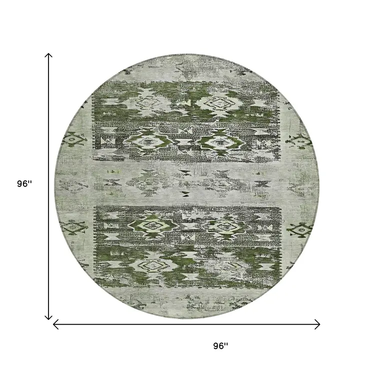 8' Olive Green And Ivory Round Aztec Washable Indoor Outdoor Area Rug