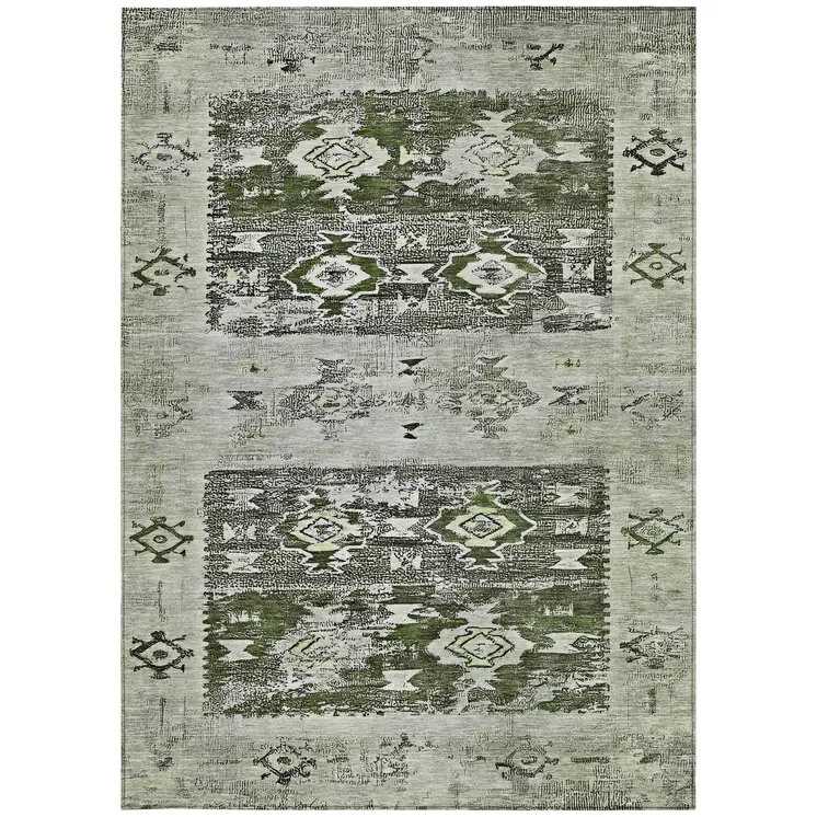 8' X 10' Olive Green And Ivory Aztec Washable Indoor Outdoor Area Rug