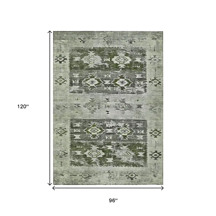 8' X 10' Olive Green And Ivory Aztec Washable Indoor Outdoor Area Rug