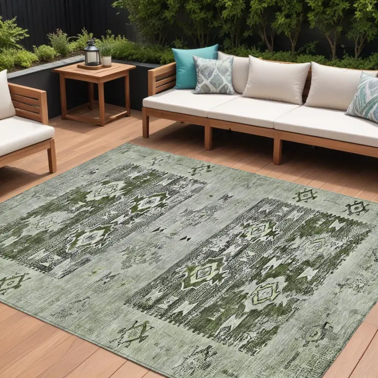 8' X 10' Olive Green And Ivory Aztec Washable Indoor Outdoor Area Rug