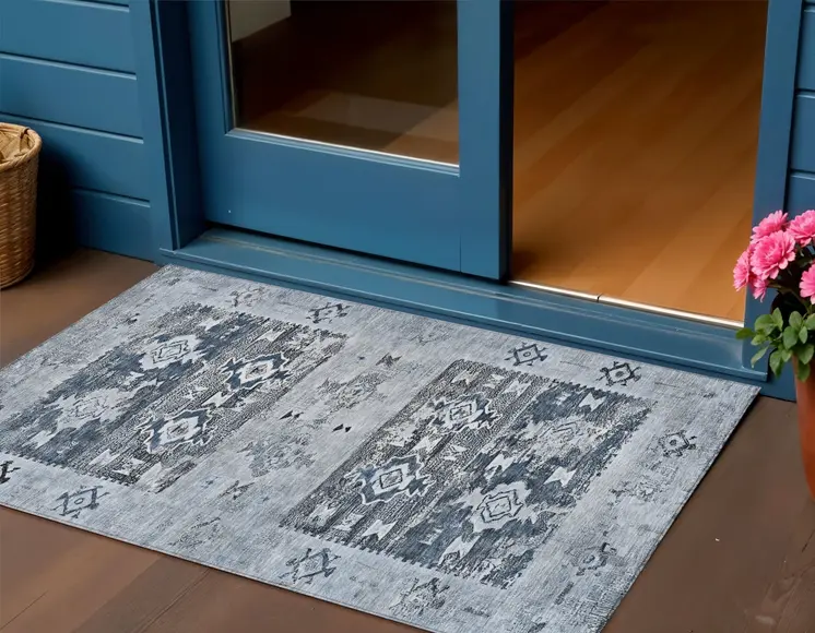 3' X 5' Blue And Denim Blue Aztec Washable Indoor Outdoor Area Rug