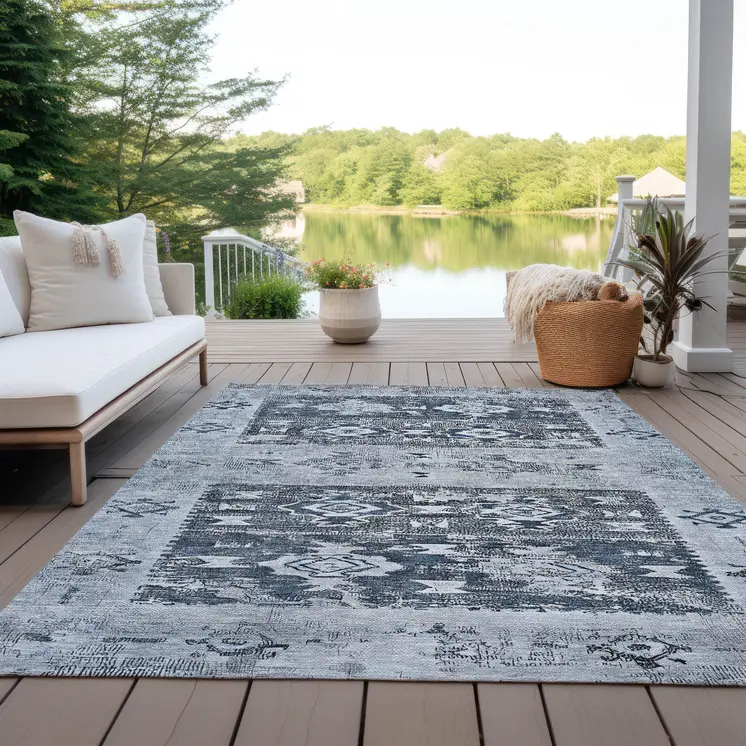 3' X 5' Blue And Denim Blue Aztec Washable Indoor Outdoor Area Rug