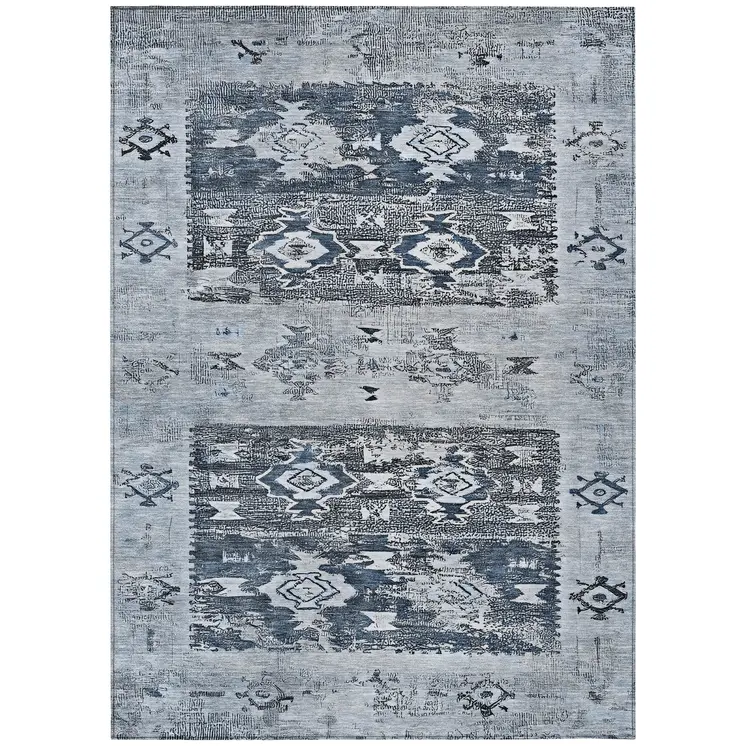 3' X 5' Blue And Denim Blue Aztec Washable Indoor Outdoor Area Rug