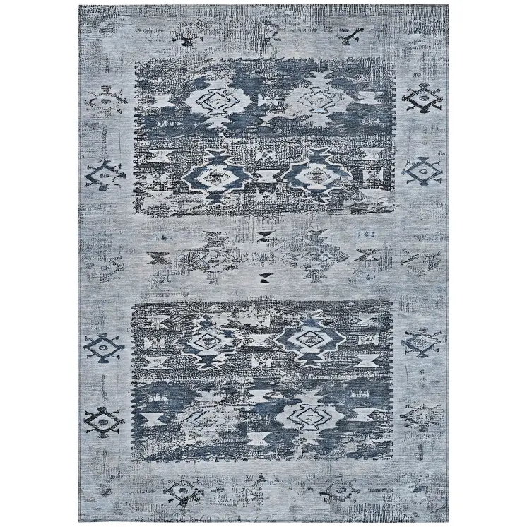 3' X 5' Blue And Denim Blue Aztec Washable Indoor Outdoor Area Rug