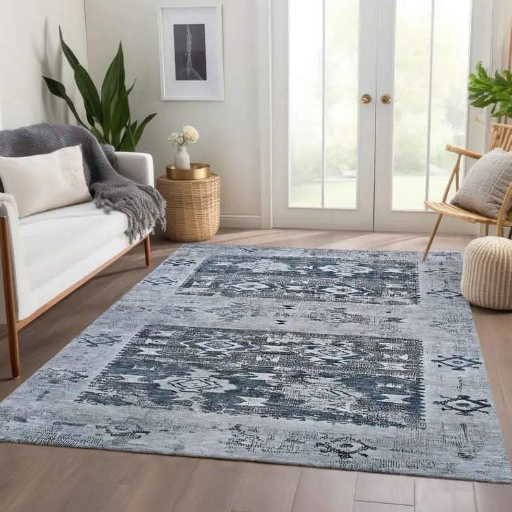3' X 5' Blue And Denim Blue Aztec Washable Indoor Outdoor Area Rug