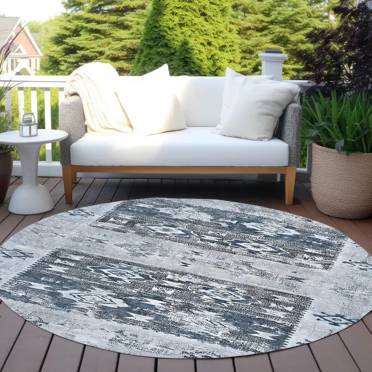 8' Blue And Denim Blue Round Aztec Washable Indoor Outdoor Area Rug