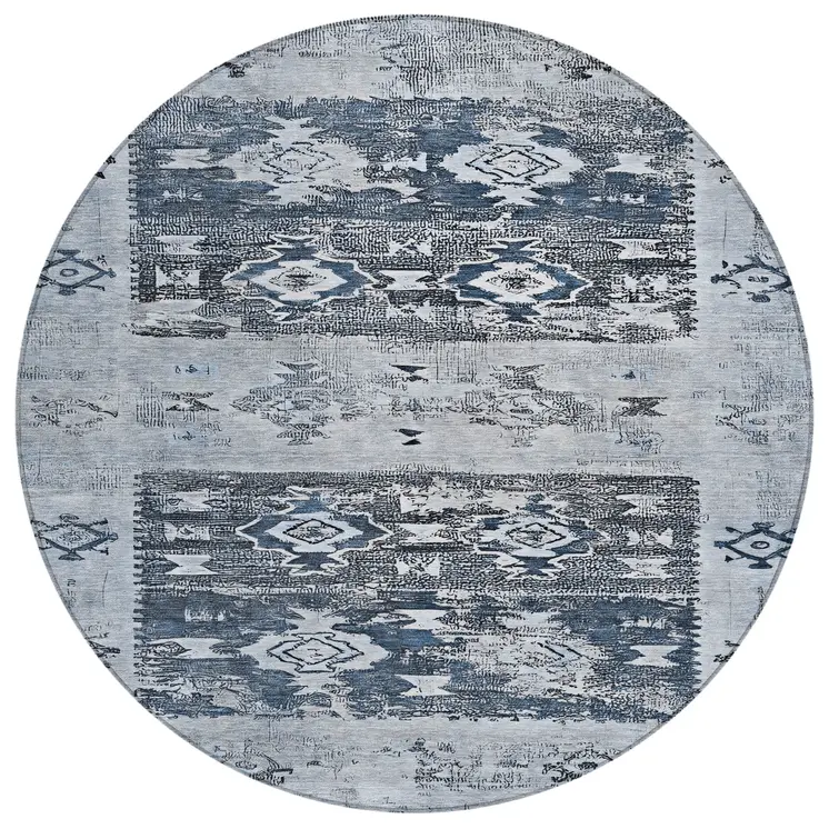 8' Blue And Denim Blue Round Aztec Washable Indoor Outdoor Area Rug