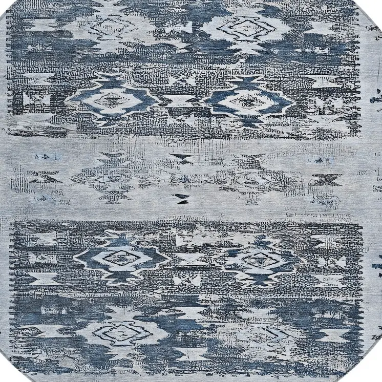 8' Blue And Denim Blue Round Aztec Washable Indoor Outdoor Area Rug