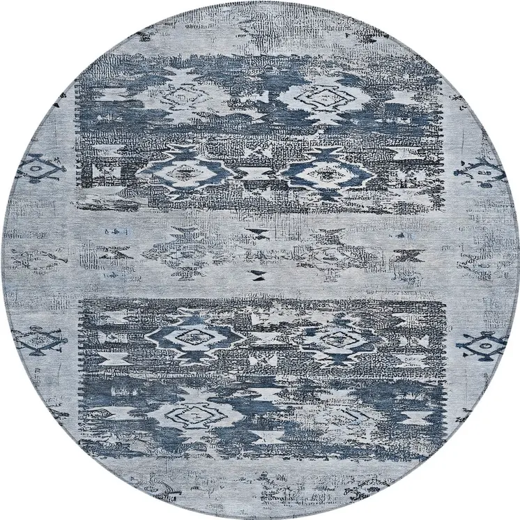 8' Blue And Denim Blue Round Aztec Washable Indoor Outdoor Area Rug