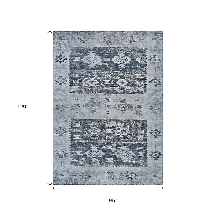 8' X 10' Blue And Denim Blue Aztec Washable Indoor Outdoor Area Rug