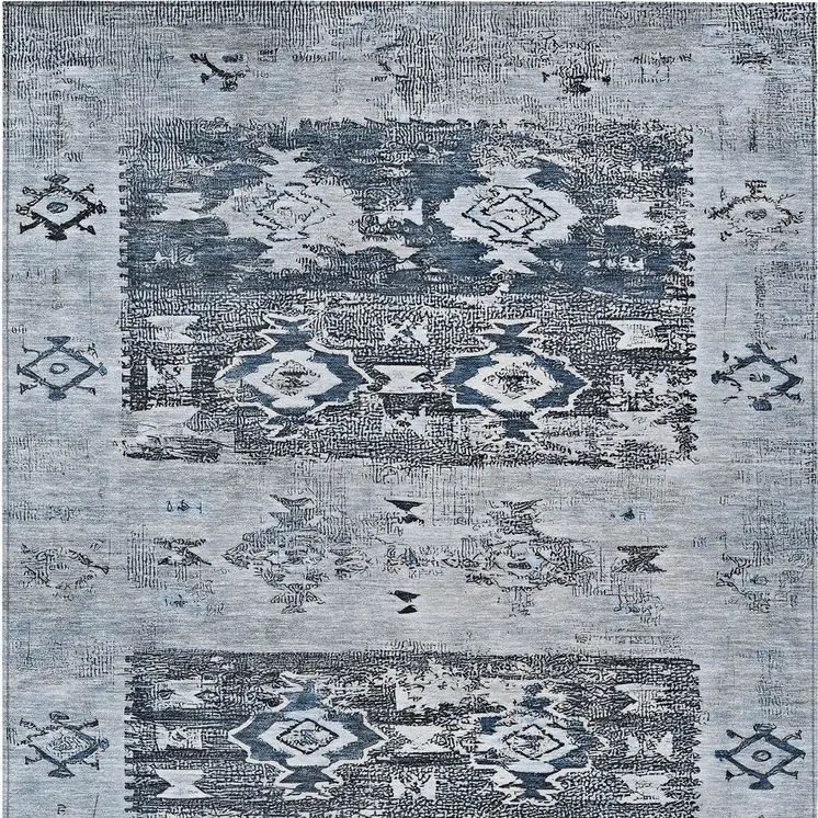 9' X 12' Blue And Denim Blue Aztec Washable Indoor Outdoor Area Rug