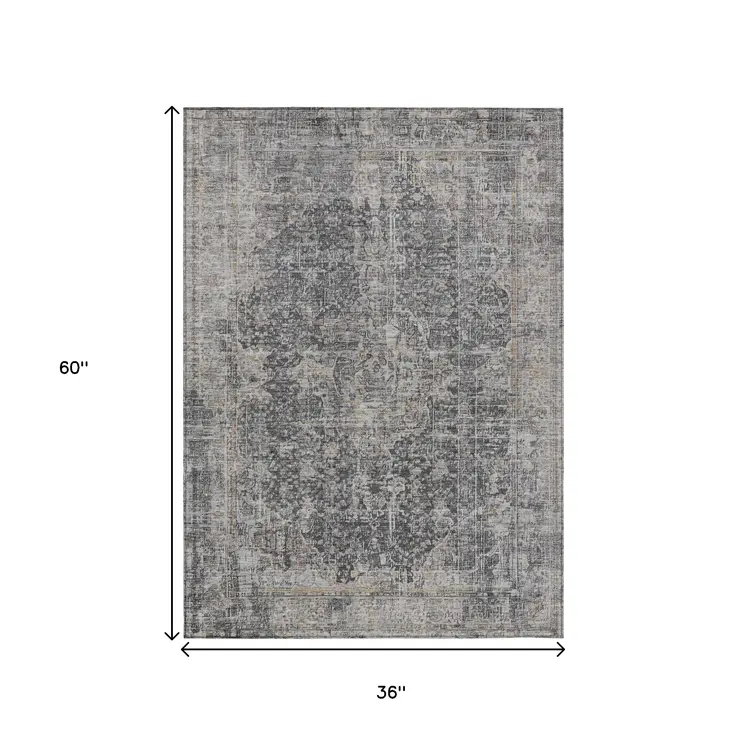 3' X 5' Charcoal And Silver Abstract Washable Indoor Outdoor Area Rug