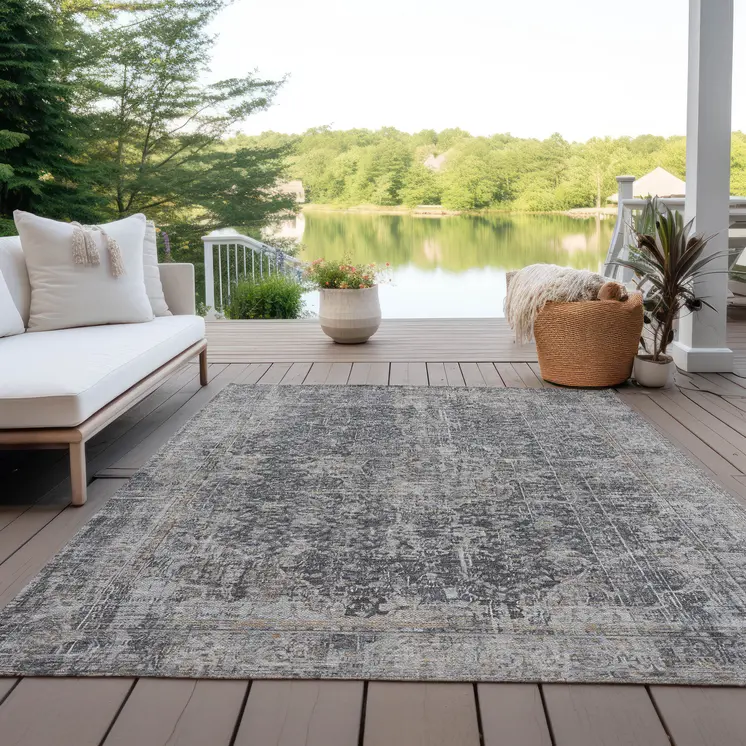 3' X 5' Charcoal And Silver Abstract Washable Indoor Outdoor Area Rug