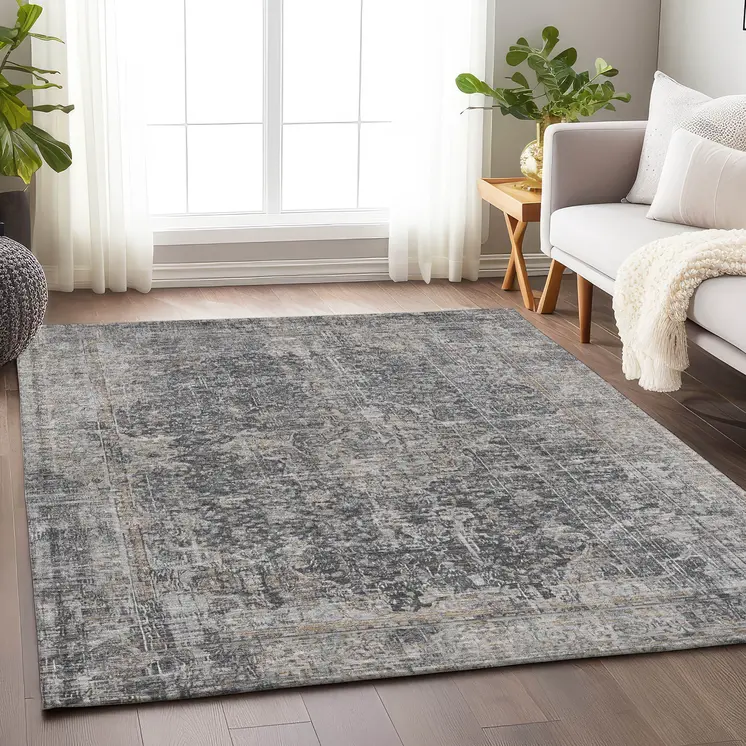 3' X 5' Charcoal And Silver Abstract Washable Indoor Outdoor Area Rug