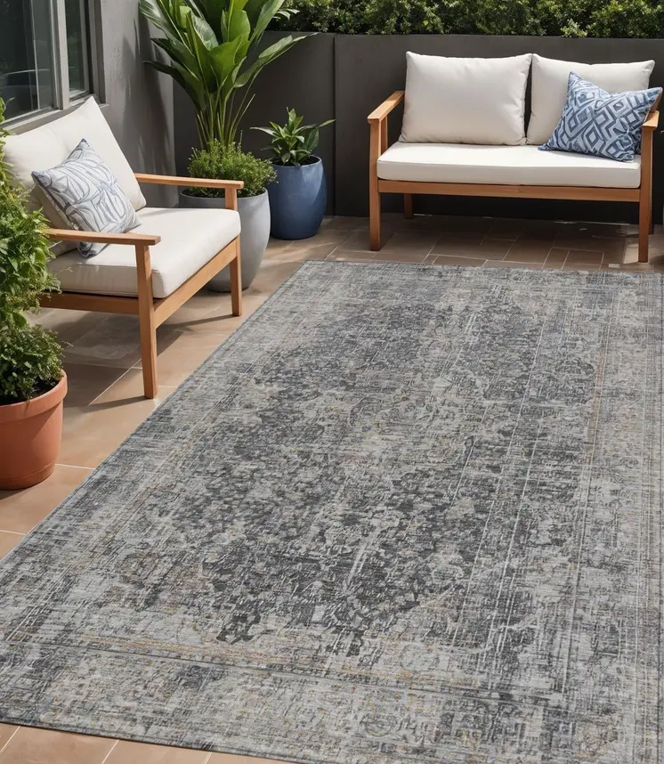 5' X 8' Charcoal And Silver Abstract Washable Indoor Outdoor Area Rug