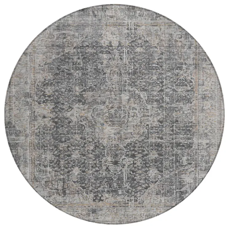 8' Charcoal And Silver Round Abstract Washable Indoor Outdoor Area Rug