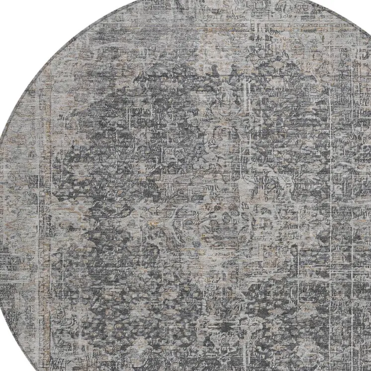 8' Charcoal And Silver Round Abstract Washable Indoor Outdoor Area Rug
