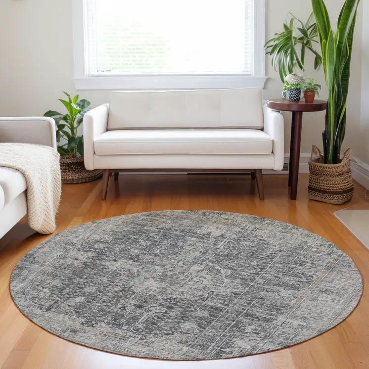 8' Charcoal And Silver Round Abstract Washable Indoor Outdoor Area Rug