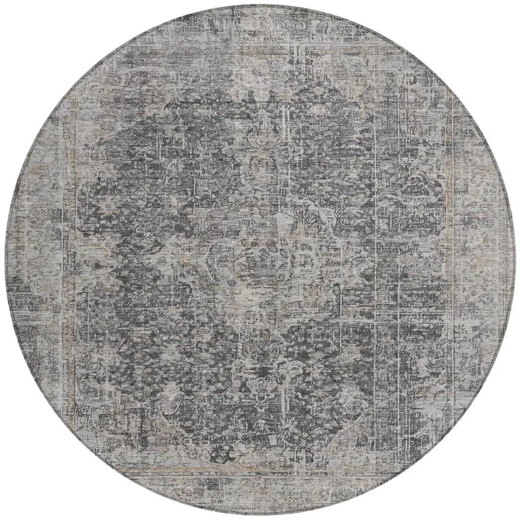 8' Charcoal And Silver Round Abstract Washable Indoor Outdoor Area Rug