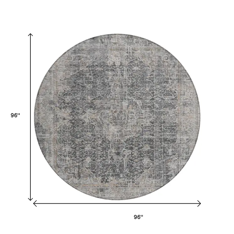 8' Charcoal And Silver Round Abstract Washable Indoor Outdoor Area Rug