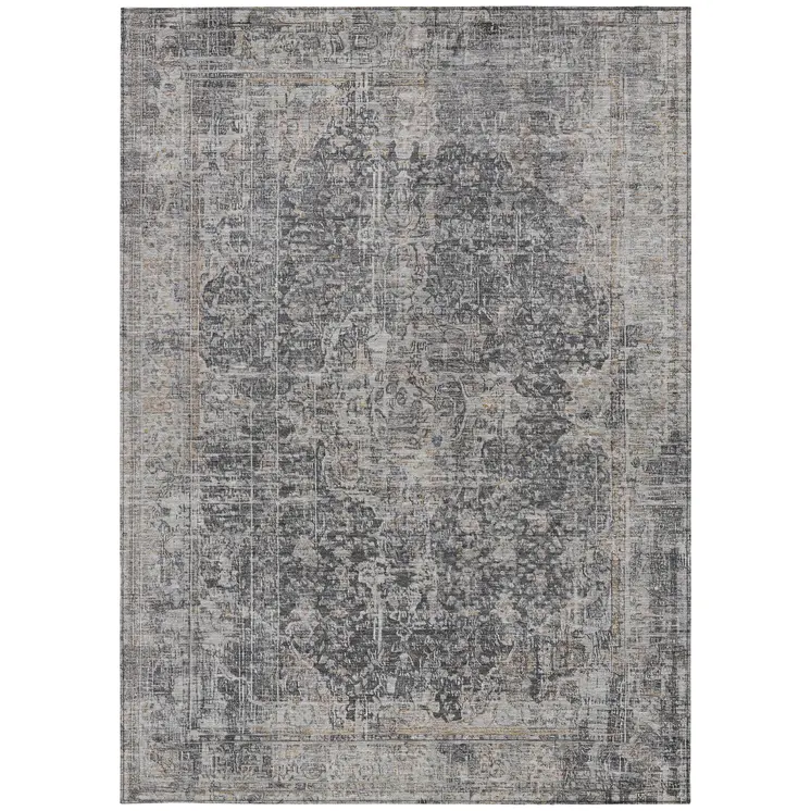 10' X 14' Charcoal And Silver Abstract Washable Indoor Outdoor Area Rug