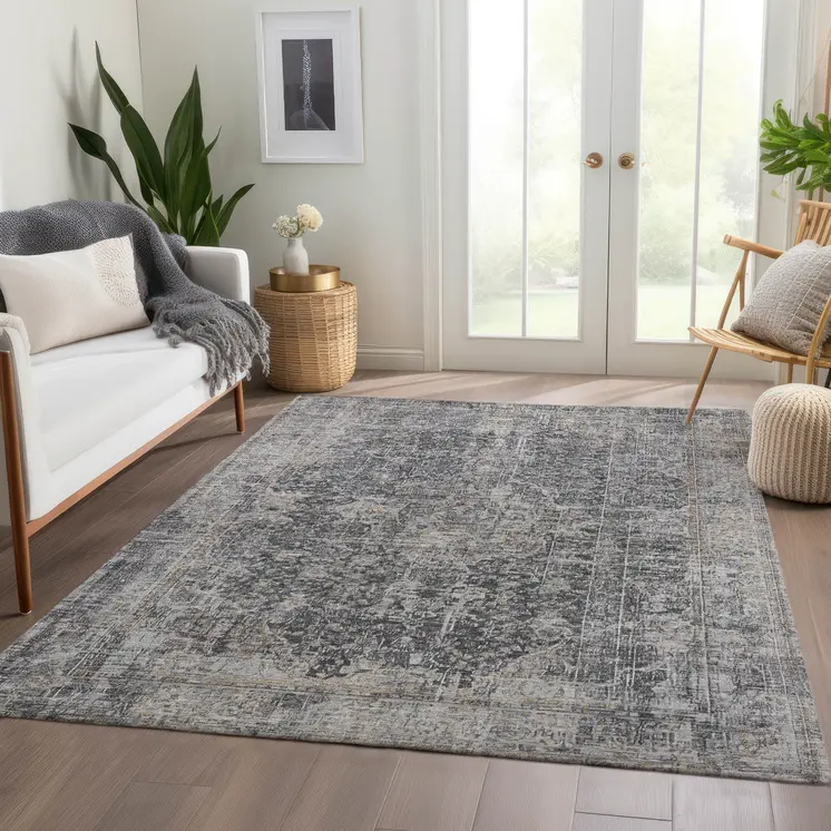 10' X 14' Charcoal And Silver Abstract Washable Indoor Outdoor Area Rug