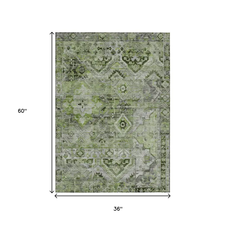 3' X 5' Artichoke Green And Gray Floral Medallion Washable Indoor Outdoor Area Rug