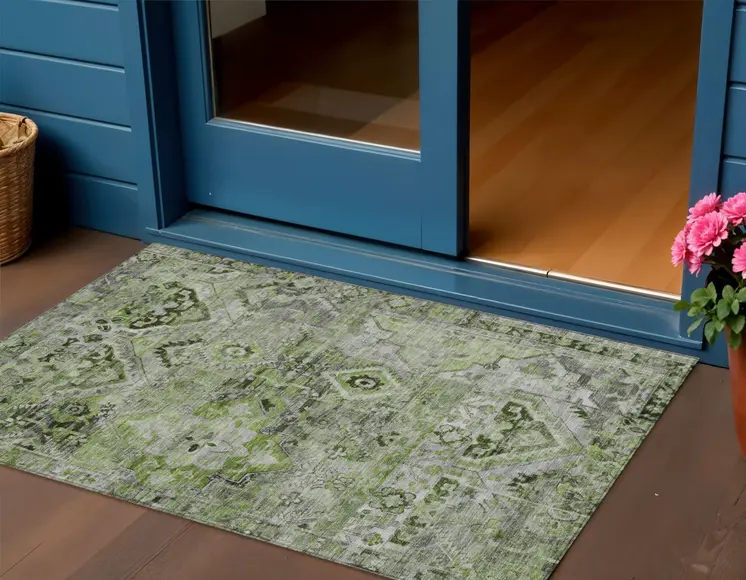 3' X 5' Artichoke Green And Gray Floral Medallion Washable Indoor Outdoor Area Rug