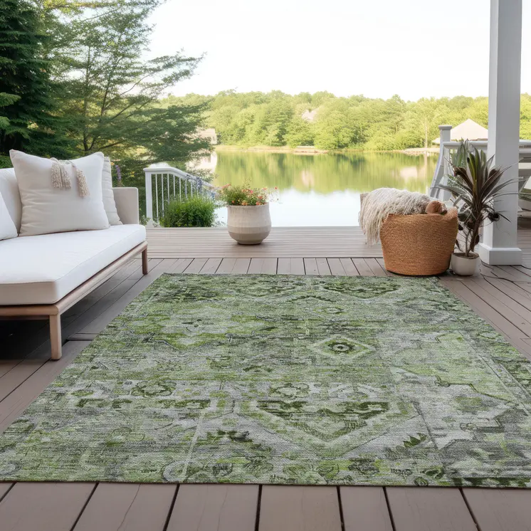 3' X 5' Artichoke Green And Gray Floral Medallion Washable Indoor Outdoor Area Rug