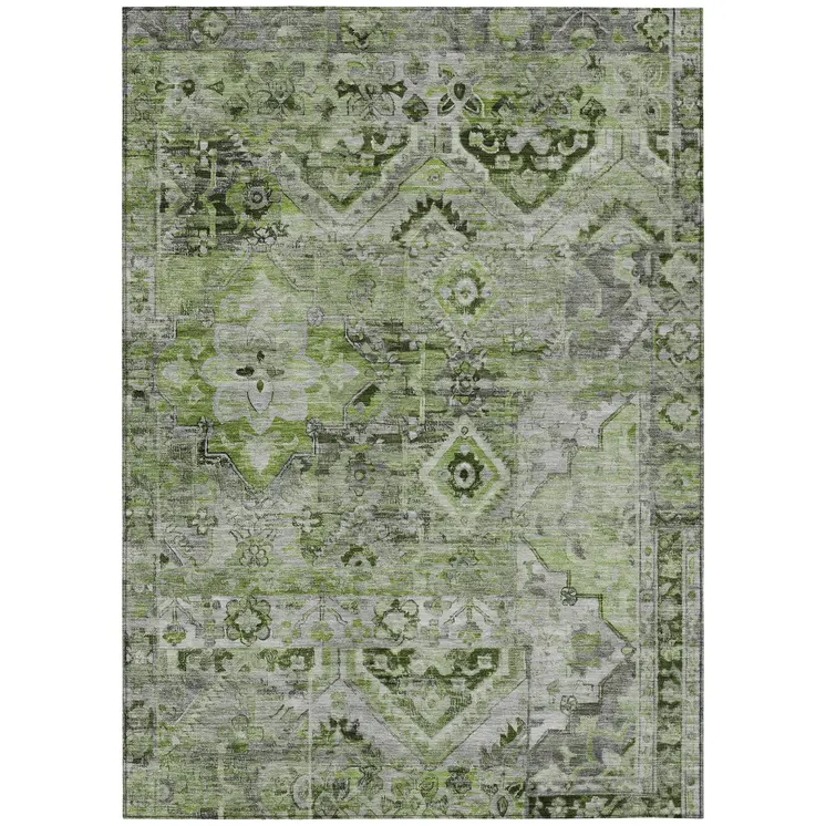 3' X 5' Artichoke Green And Gray Floral Medallion Washable Indoor Outdoor Area Rug