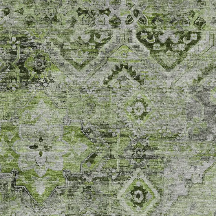 3' X 5' Artichoke Green And Gray Floral Medallion Washable Indoor Outdoor Area Rug