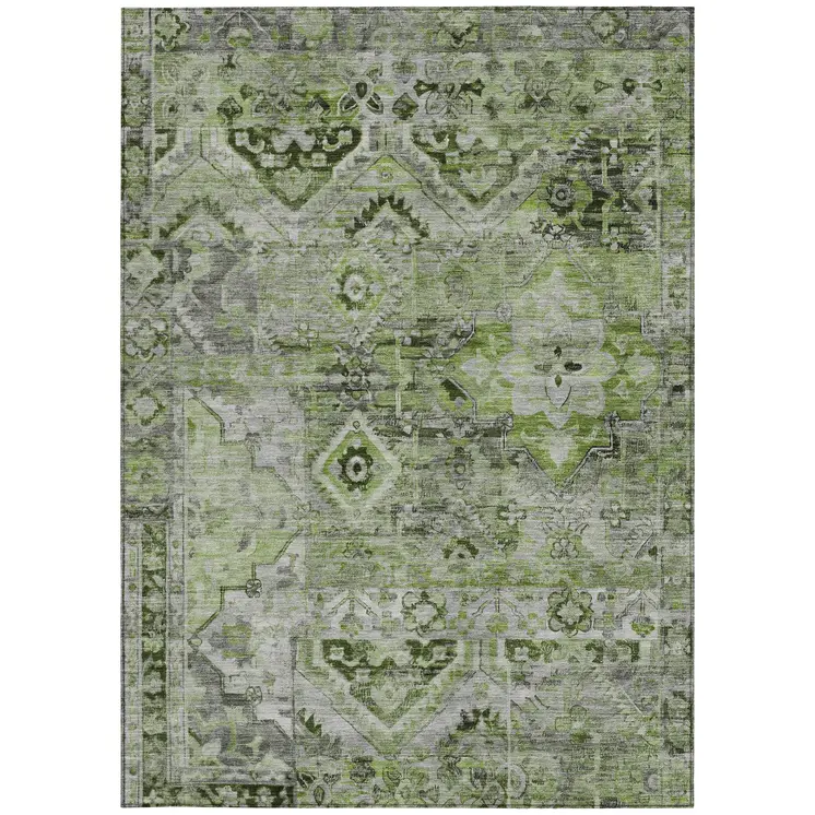 5' X 8' Artichoke Green And Gray Floral Medallion Washable Indoor Outdoor Area Rug