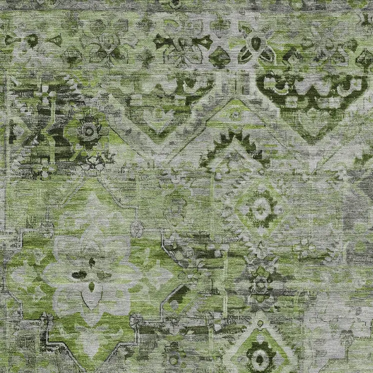5' X 8' Artichoke Green And Gray Floral Medallion Washable Indoor Outdoor Area Rug
