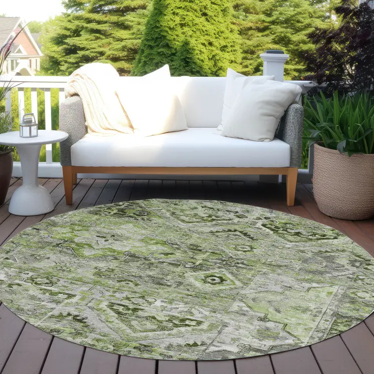 8' Artichoke Green And Gray Round Floral Medallion Washable Indoor Outdoor Area Rug