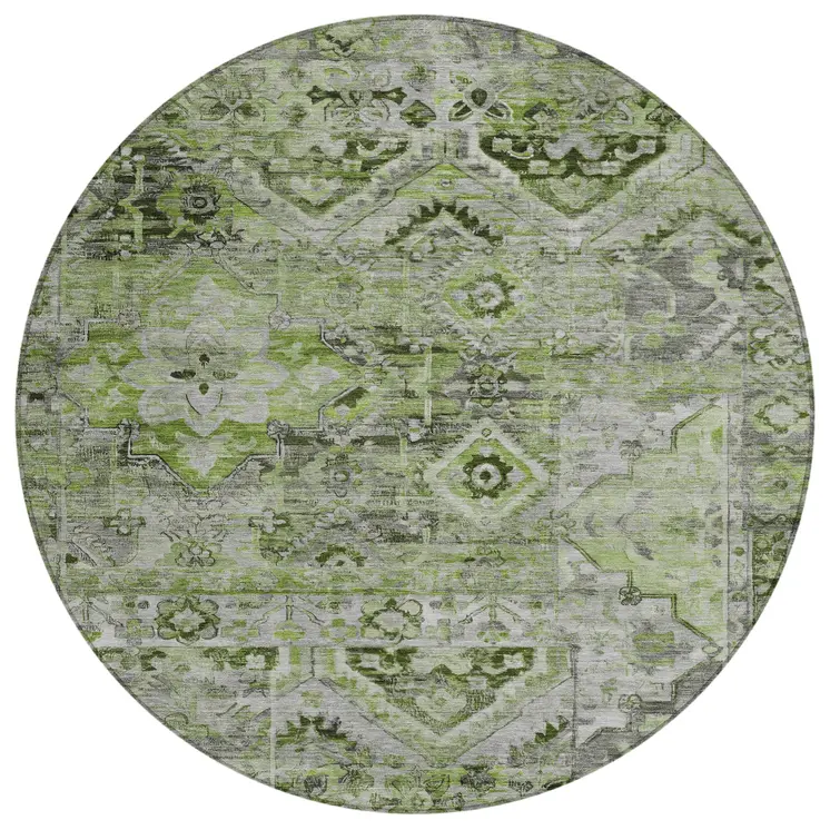 8' Artichoke Green And Gray Round Floral Medallion Washable Indoor Outdoor Area Rug