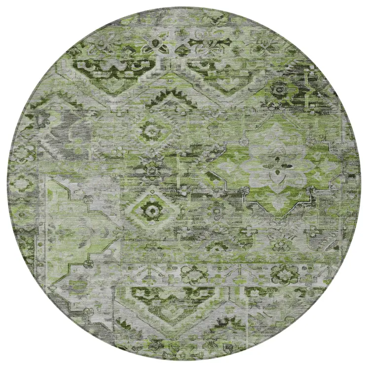 8' Artichoke Green And Gray Round Floral Medallion Washable Indoor Outdoor Area Rug