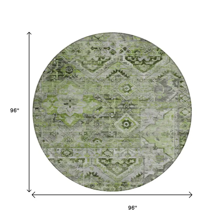8' Artichoke Green And Gray Round Floral Medallion Washable Indoor Outdoor Area Rug