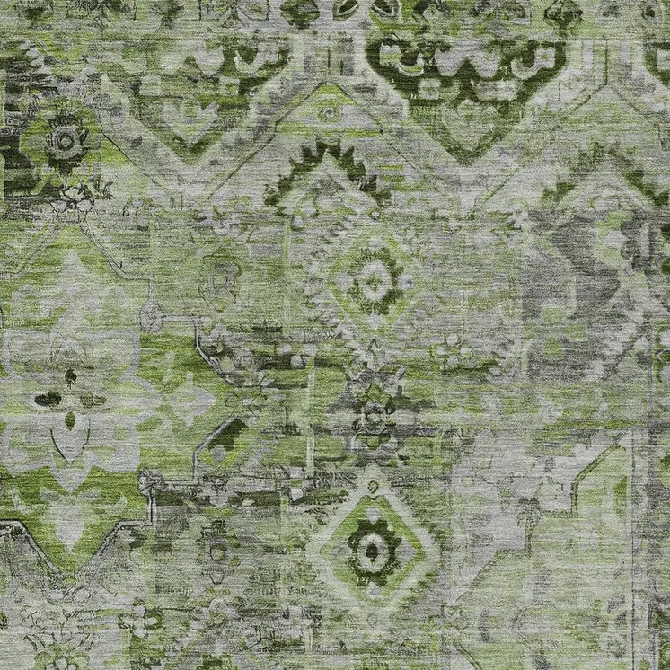 8' X 10' Artichoke Green And Gray Floral Medallion Washable Indoor Outdoor Area Rug