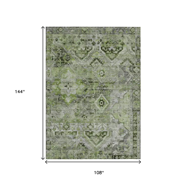 9' X 12' Artichoke Green And Gray Floral Medallion Washable Indoor Outdoor Area Rug