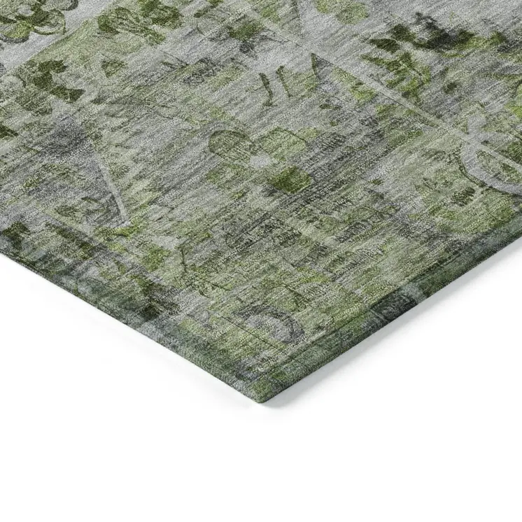 9' X 12' Artichoke Green And Gray Floral Medallion Washable Indoor Outdoor Area Rug