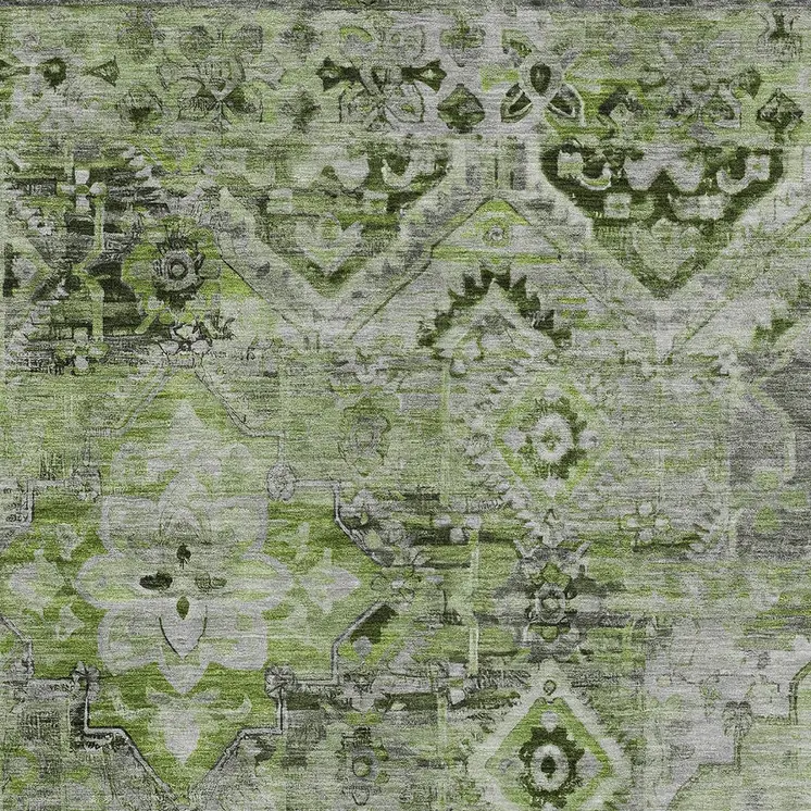 9' X 12' Artichoke Green And Gray Floral Medallion Washable Indoor Outdoor Area Rug