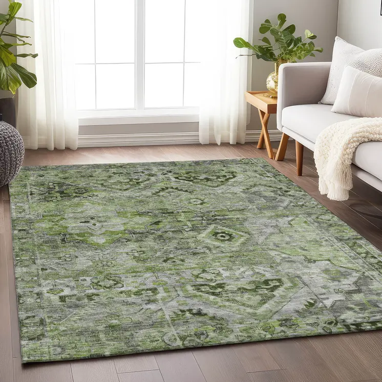 9' X 12' Artichoke Green And Gray Floral Medallion Washable Indoor Outdoor Area Rug