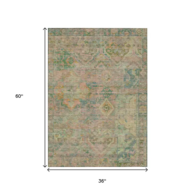 3' X 5' Green Teal Blue And Mauve Floral Medallion Washable Indoor Outdoor Area Rug