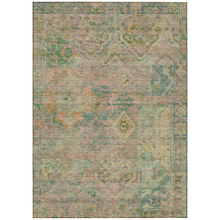 3' X 5' Green Teal Blue And Mauve Floral Medallion Washable Indoor Outdoor Area Rug