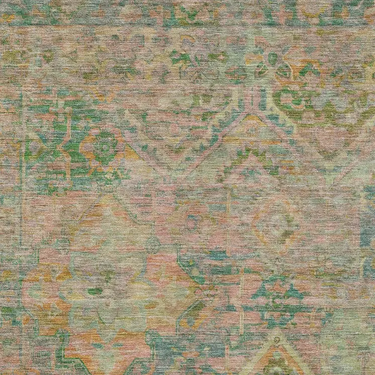 3' X 5' Green Teal Blue And Mauve Floral Medallion Washable Indoor Outdoor Area Rug