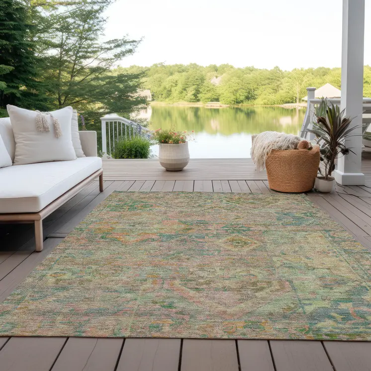 5' X 8' Green Teal Blue And Mauve Floral Medallion Washable Indoor Outdoor Area Rug